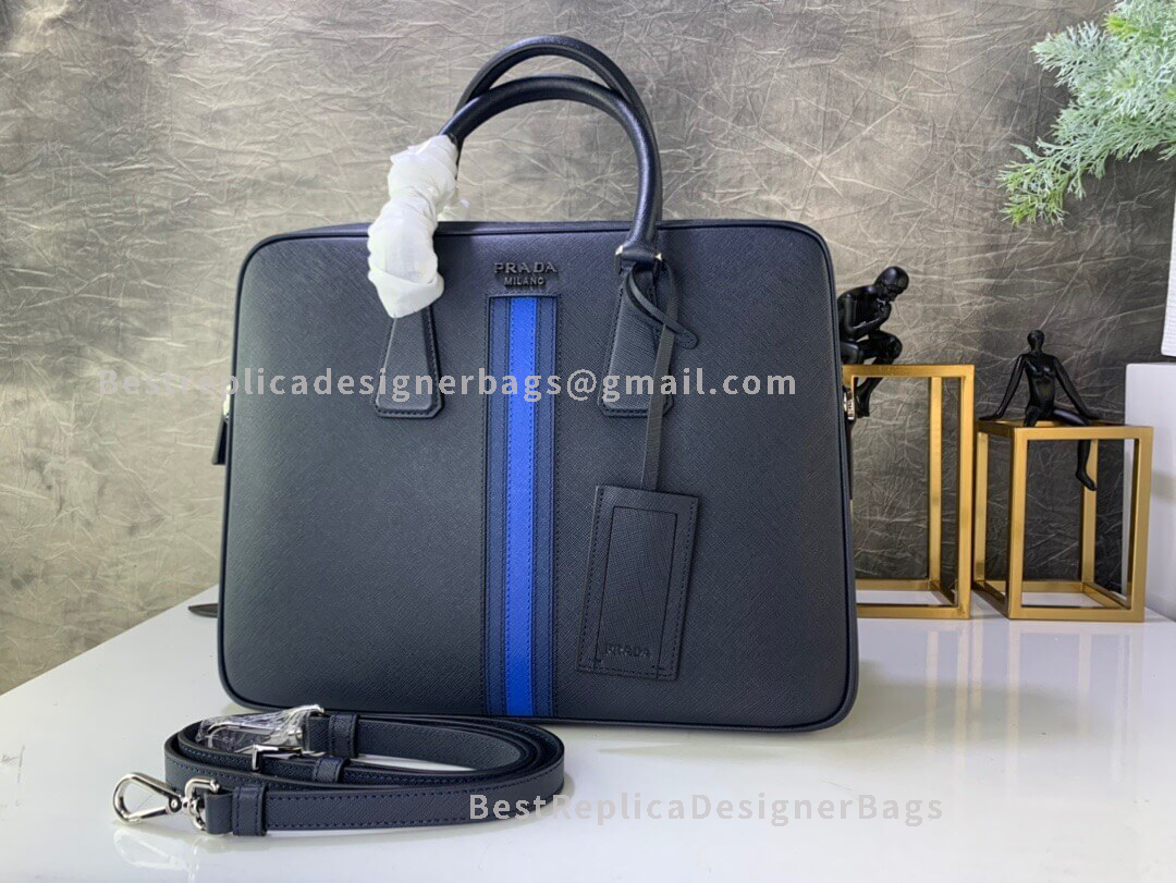 Prada Blue Saffiano Leather Bandoleer Briefcase SHW 368